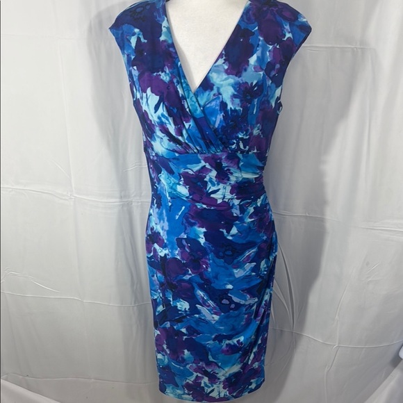 Lauren Ralph Lauren Blue Sheath Midi Dress V-Neck Sleeveless Size 10 - Picture 1 of 8